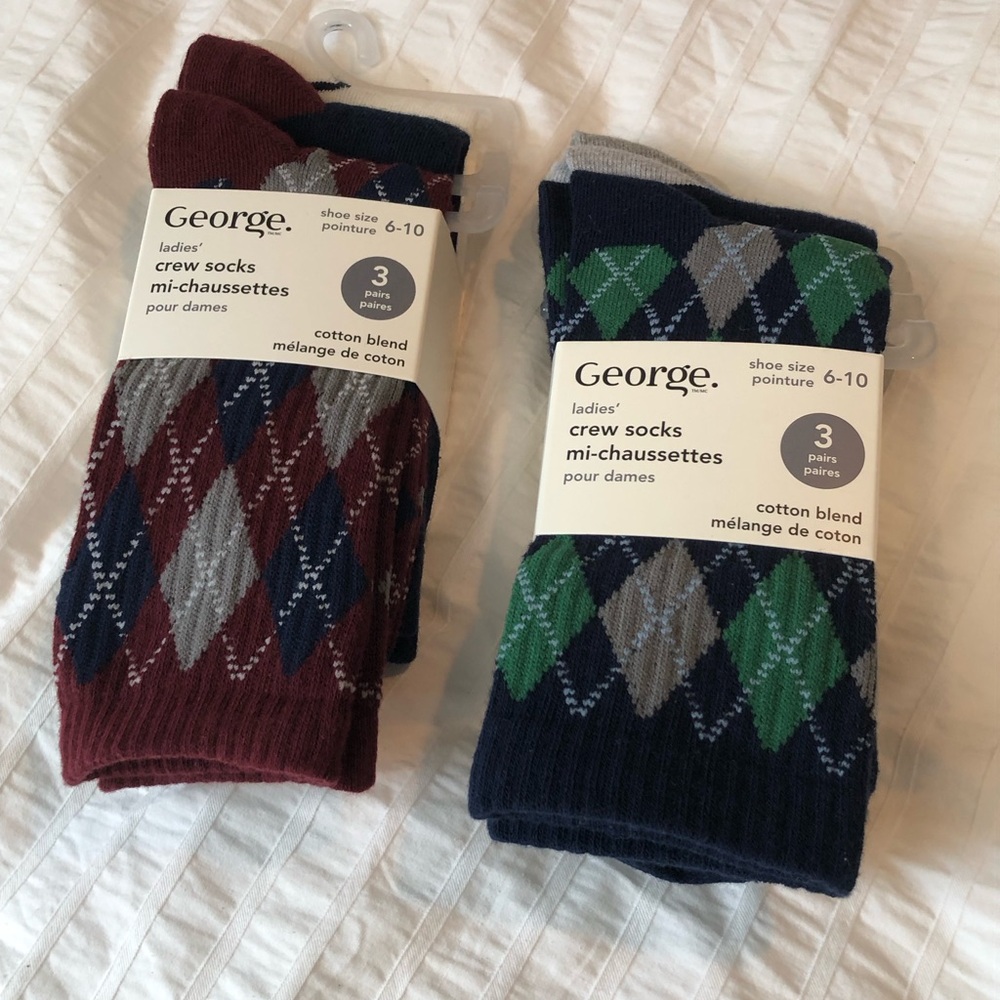 13 pair George Argyle Crew Socks - Burgundy, Navy & Cream (3-Pack)